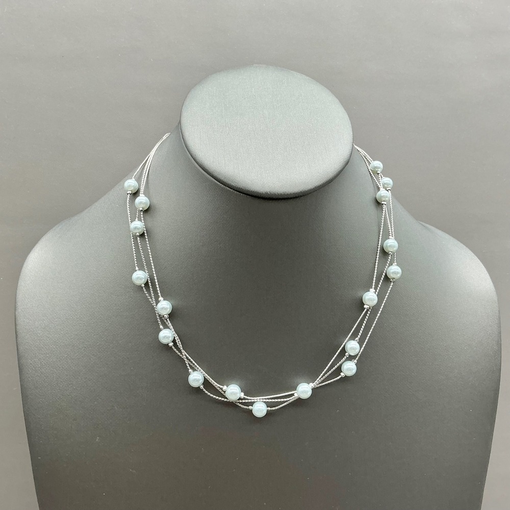 Lia Sophia Necklace Women Silver Tone Blue Faux Pearl Triple Strand Layered